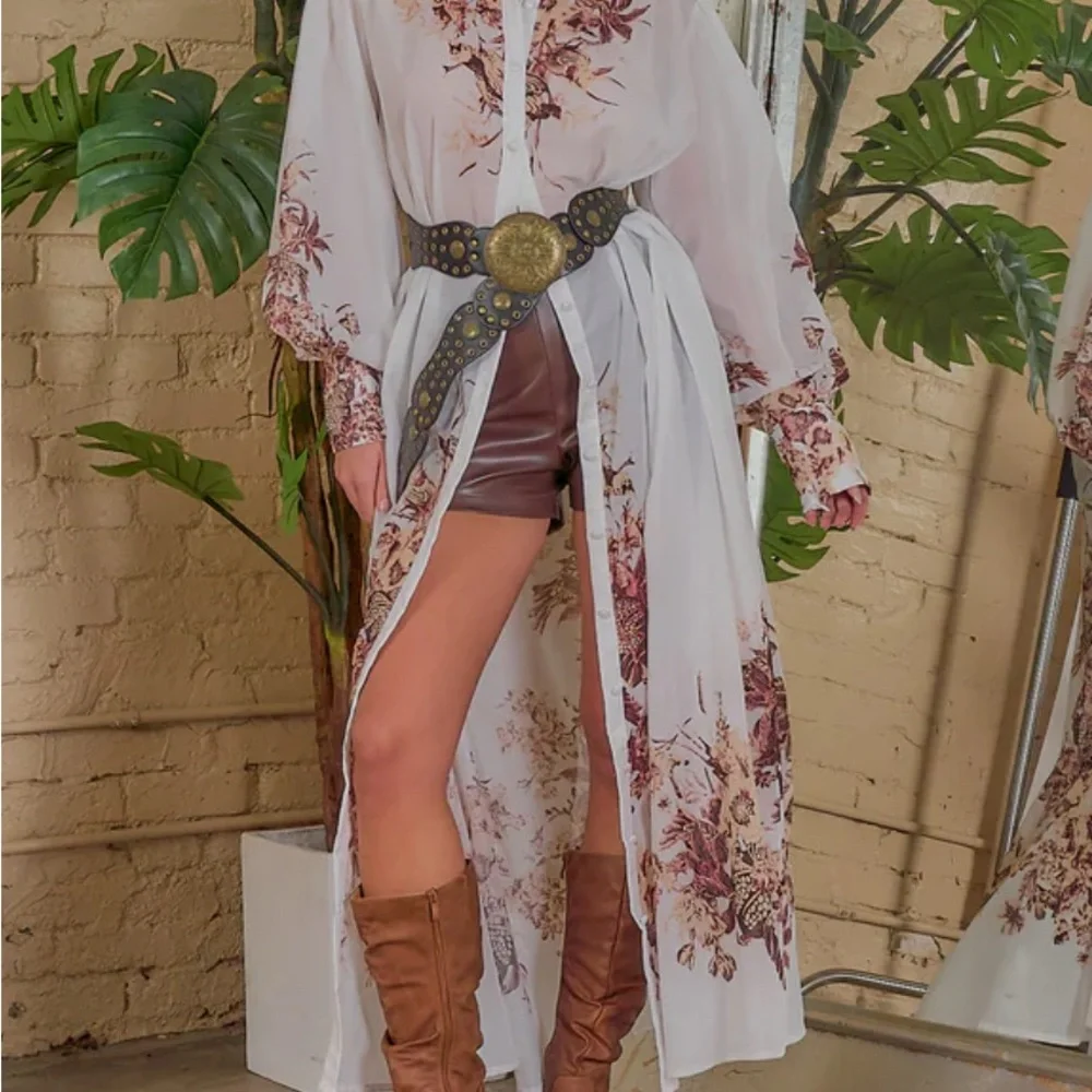 Itoo Italy Floral Maxi Shirt Dress Sheer Long Sleeve Belted Size Large - Picture 3 of 11